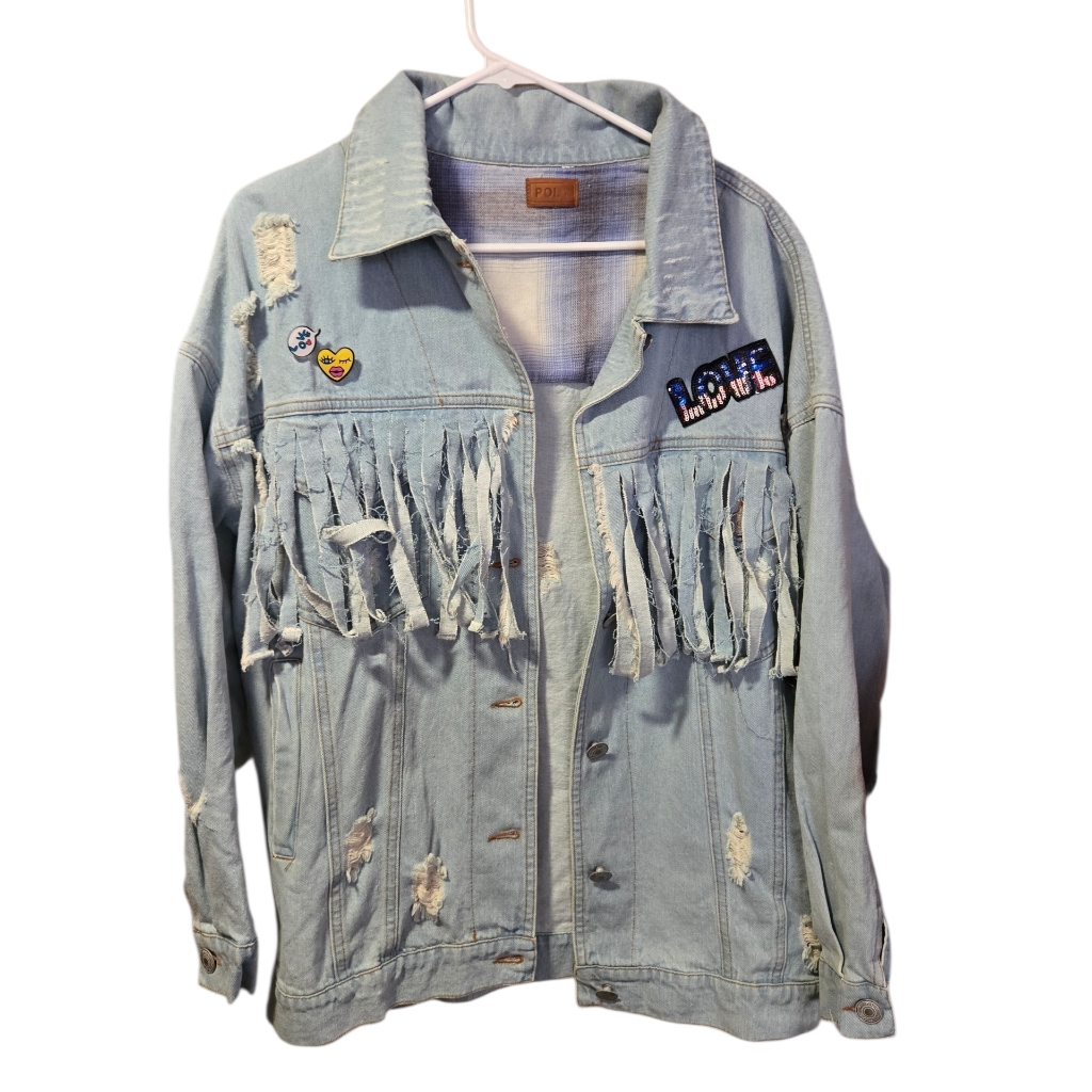 Nwt, Pol Light Wash Distressed Fringe Denim Jacket